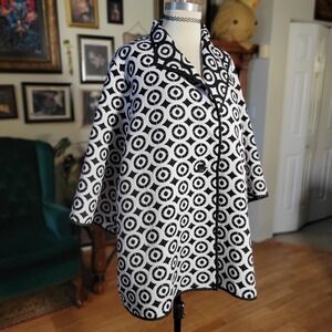 Jerry T Mod‎ Swing Coat New York Geometric Black White Circle Print Jacket XL